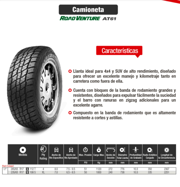 LLANTA 235/65 R17 108S AT61 KUMHO CH - Image 2
