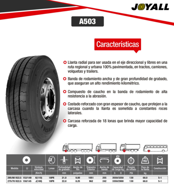 LLANTA 275/70 R22.5 18PR150/145J A503 DIR JOYALL - Image 2