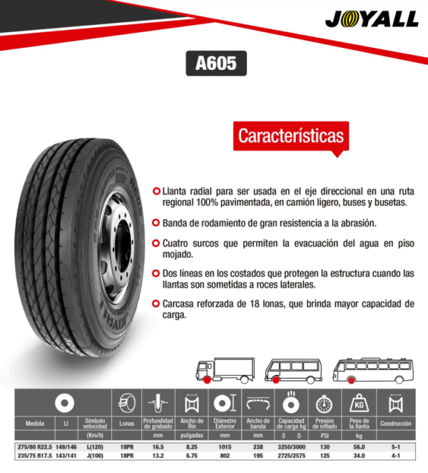 LLANTA 275/80 R22.5 18PR149/146L A605 DIR JOYALL - Image 2