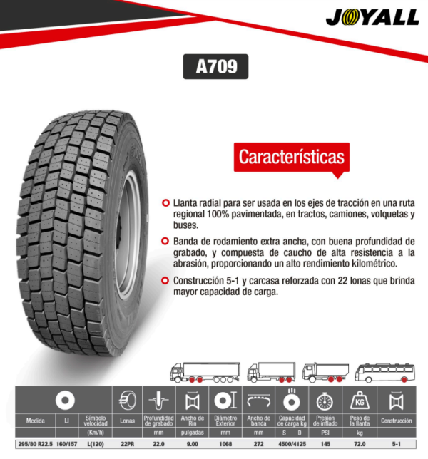 LLANTA 295/80 R22.5 22PR160/157L A709 TRAC JOYALL - Image 2