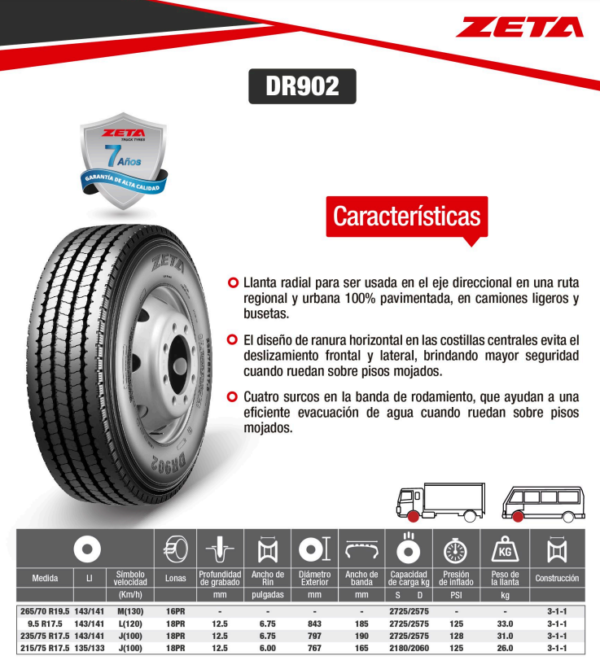 LLANTA 9.5 R17.5 18 PR143/141L DR902 DIR ZETA - Image 2