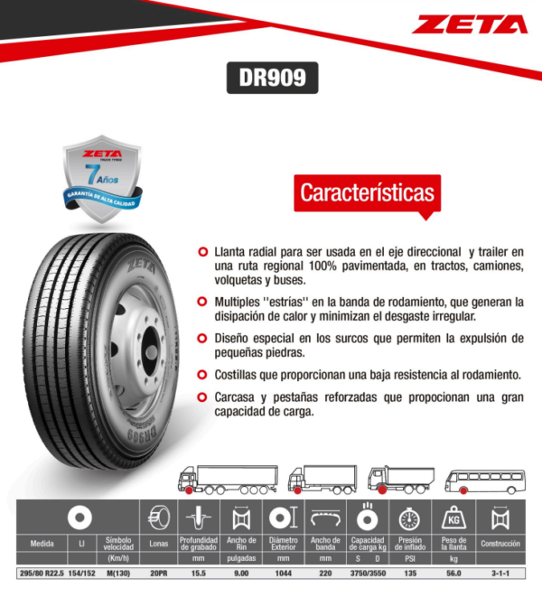 LLANTA 295/80 R22.5 20PR154/152M DR909 DIR ZETA - Image 2