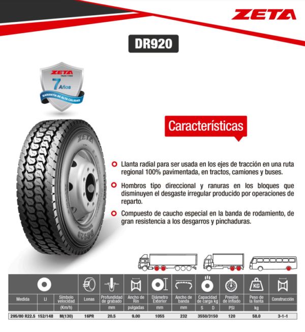 LLANTA 295/80 R22.5 16PR152/148M DR920 TRAC ZETA - Image 2
