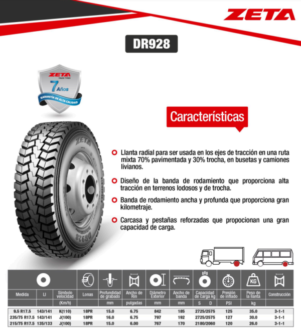 LLANTA 9.5 R17.5 18 PR143/141K DR928 TRAC ZETA - Image 2