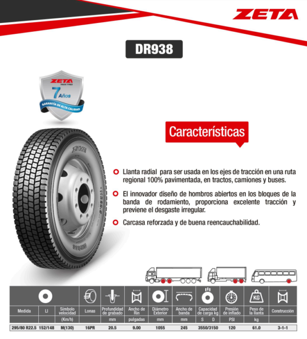 LLANTA 295/80 R22.5 16PR152/148M DR938 TRAC ZETA - Image 2