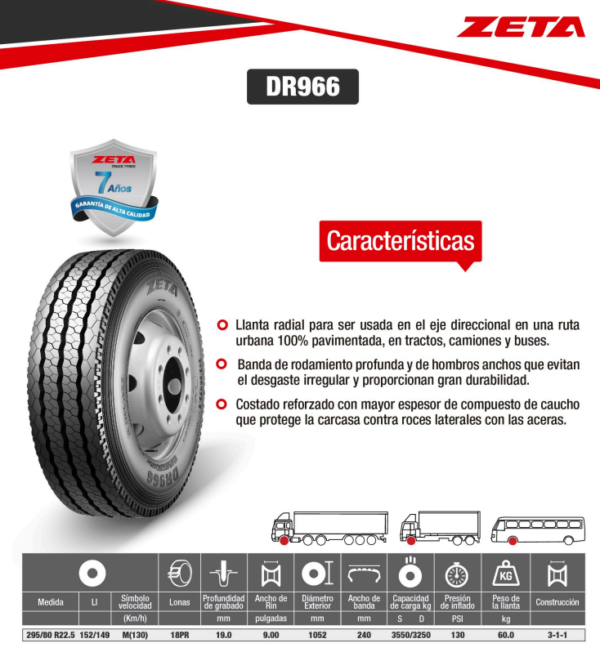 LLANTA 295/80 R22.5 18PR152/149M DR966 MIX ZETA - Image 2