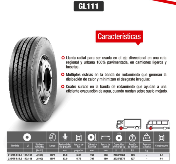 LLANTA 215/75 R17.5 16PR135/133J GL111 DIR GALLANT - Image 2