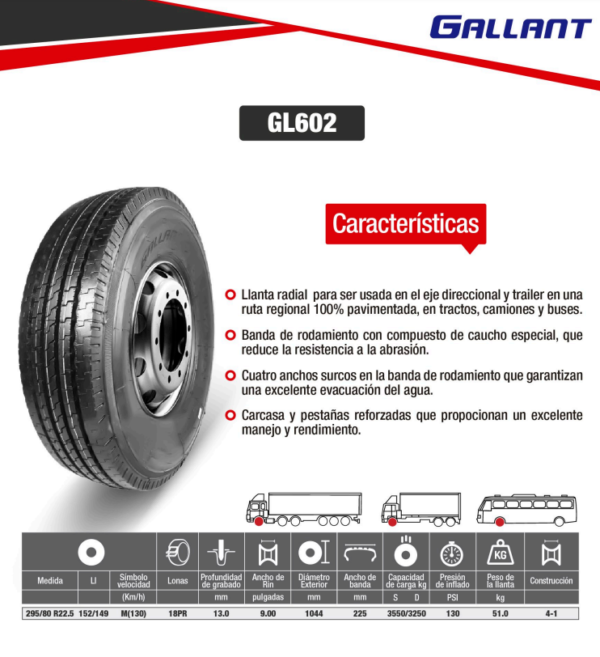 LLANTA 295/80 R22.5 18PR152/149M GL602 DIR GALLANT - Image 2