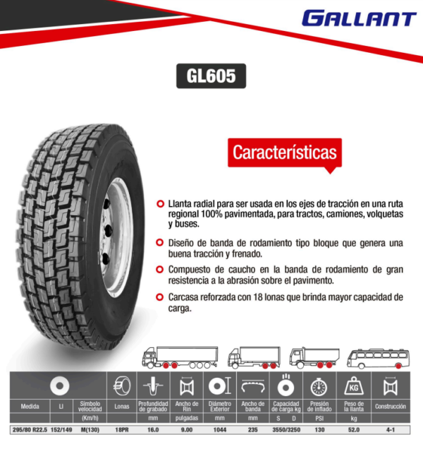 LLANTA 295/80 R22.5 18PR152/149M GL605 TRAC GALLANT - Image 2