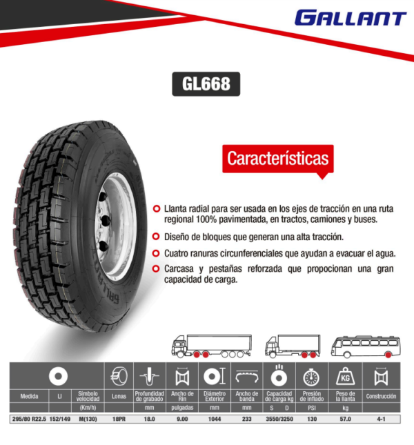 LLANTA 295/80 R22.5 18PR152/149M GL668 TRAC GALLANT - Image 2