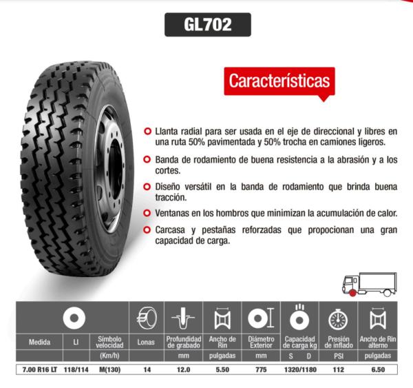 LLANTA 700 R16 LT 14PR118/114M GL702 MIX SET GALLANT - Image 2
