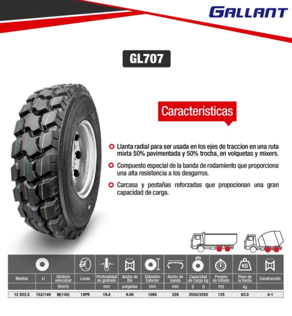 LLANTA 12 R22.5 18PR152/149D GL707 TRAC GALLANT - Image 2