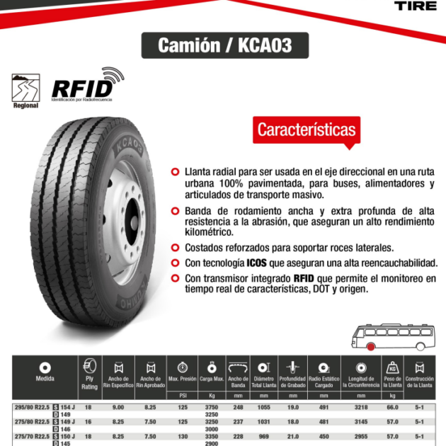 LLANTA 275/70 R22.5 18PR150J KCA03 MIX KUMHO KOREA