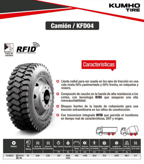 LLANTA 12 R22.5 16PR152K KFD04 TRAC OTR KUMHO KOREA - Image 2