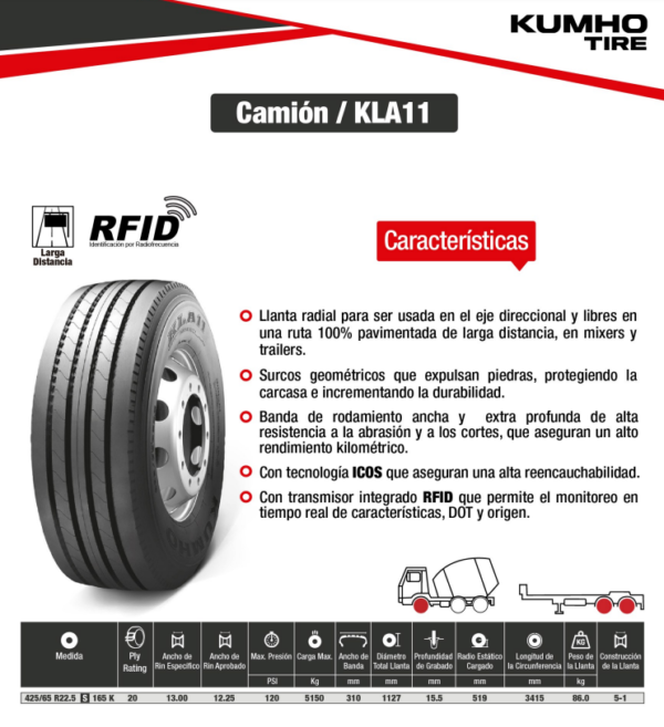 LLANTA 425/65 R22.5 20PR165K KLA11 DIR KUMHO KOREA - Image 2