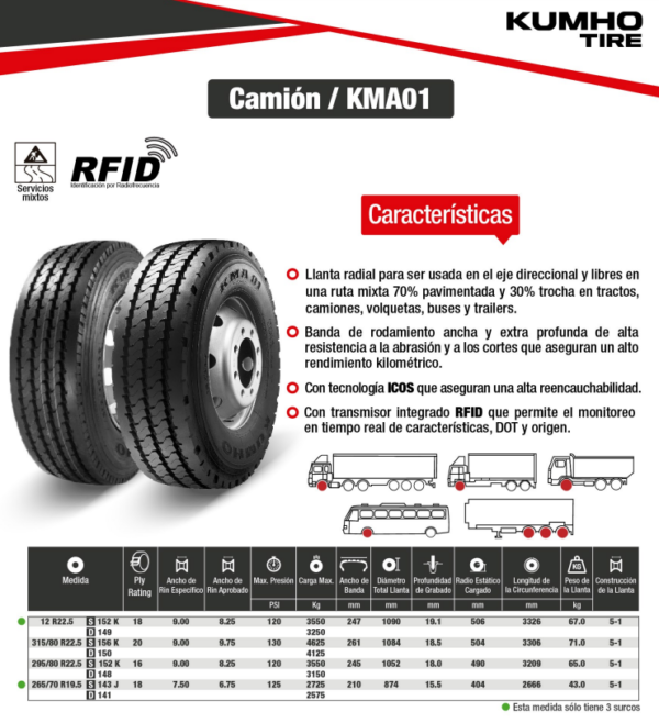 LLANTA 265/70 R19.5 18PR143J KMA01 MIX KUMHO KOREA - Image 2