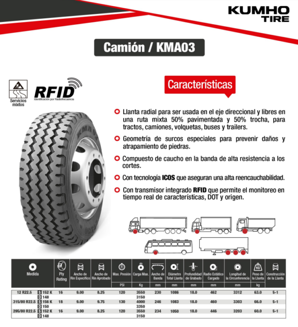 LLANTA 295/80 R22.5 16PR152K KMA03 MIX KUMHO KOREA - Image 2