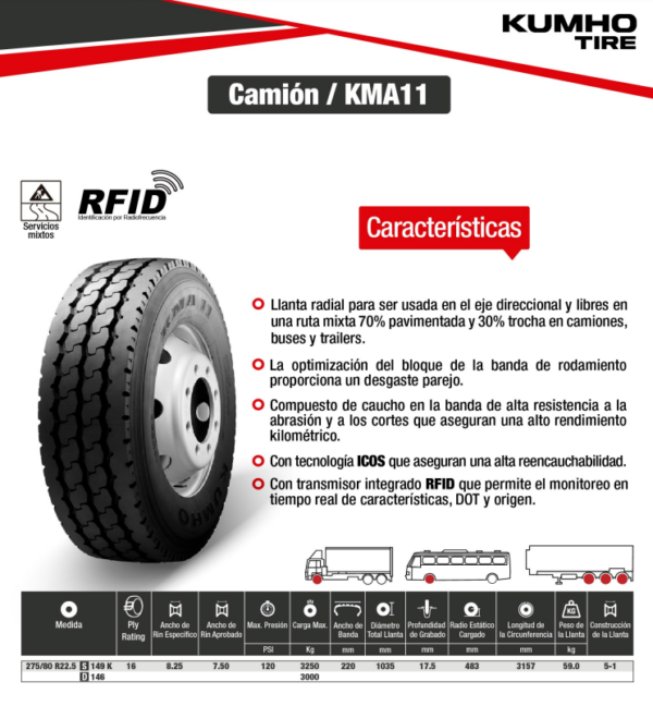 LLANTA 275/80 R22.5 16PR149K KMA11 MIX KUMHO KOREA - Image 2