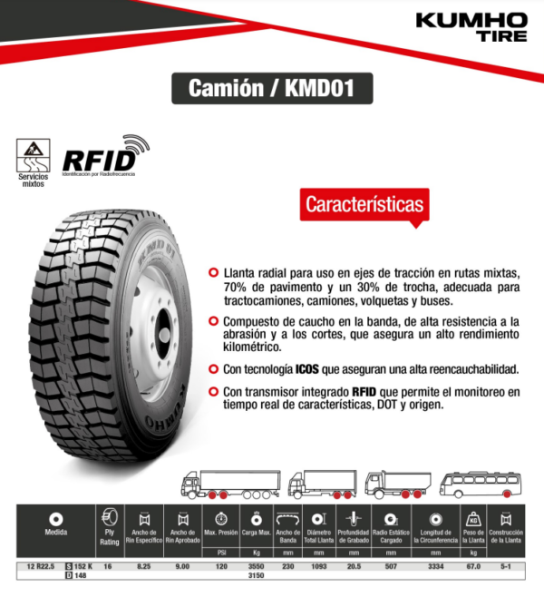 LLANTA 12 R22.5 16PR152K KMD01 TRAC KUMHO KOREA - Image 2