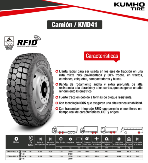 LLANTA 295/80 R22.5 16PR152K KMD41 MIX KUMHO KOREA - Image 2