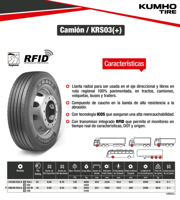 LLANTA 295/80 R22.5 16PR152M KRS03 DIR KUMHO KOREA - Image 2