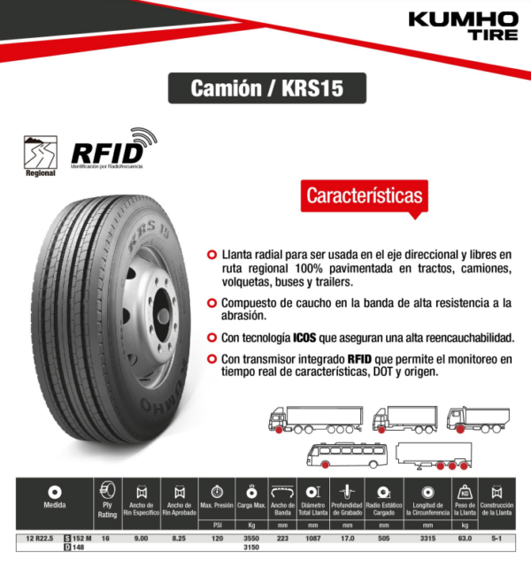 LLANTA 12 R22.5 16PR152M KRS15 DIR KUMHO KOREA - Image 2
