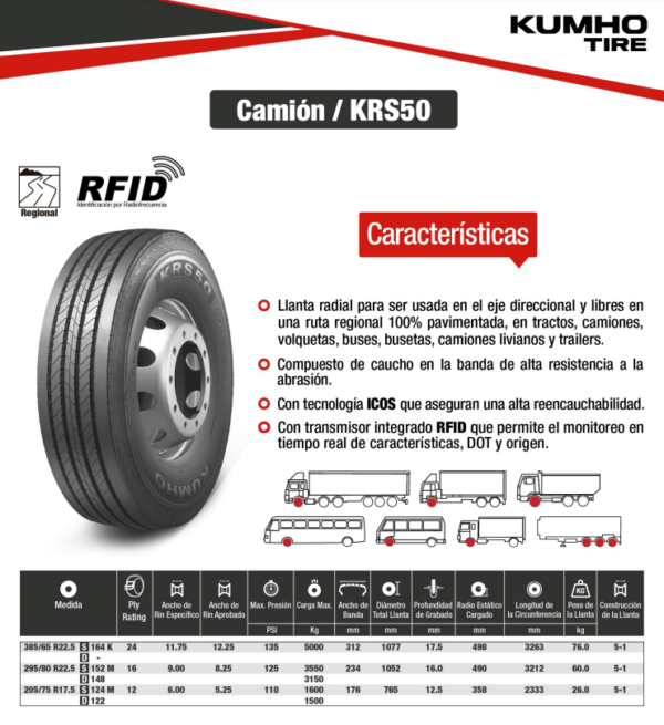 LLANTA 385/65 R22.5 24PR164K KRS50 DIR KUMHO KOREA - Image 2