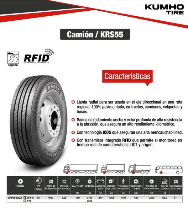 LLANTA 295/80 R22.5 18PR154L KRS55 DIR KUMHO KOREA - Image 2