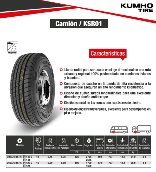 LLANTA 235/75 R17.5 18 PR KSR01 DIR KUMHO CH - Image 2