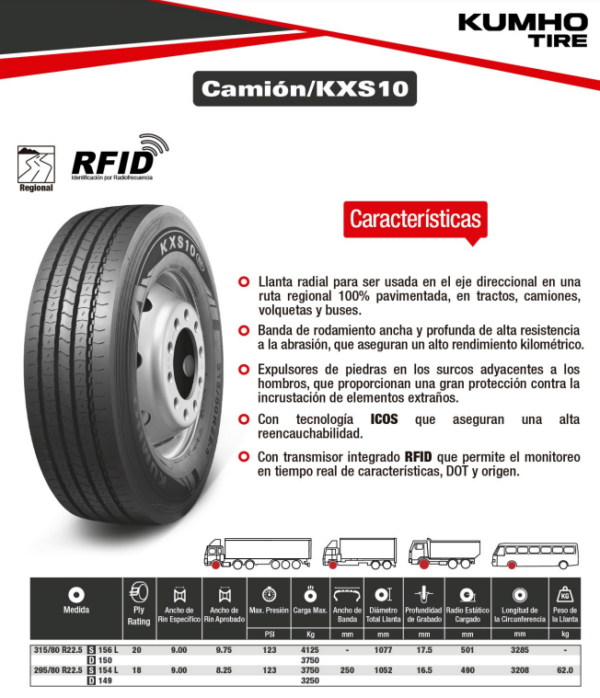 LLANTA 295/80 R22.5 18PR154/149L KXS10 DIR KUMHO KOREA - Image 2