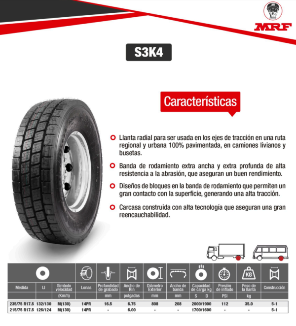 LLANTA 235/75 R17.5 14PR132/130M S3K4 CSLUG TL TRAC MRF - Image 2