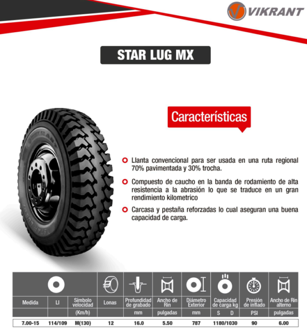 LLANTA 700 - 15 12PR114/109M STAR LUG MX TRACC VIKRANT - Image 2