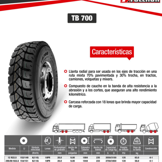 LLANTA 12 R22.5 18PR152/149K TB700 TRAC OTR FULLRUN