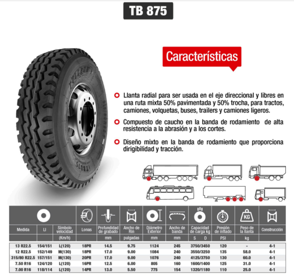 LLANTA 315/80 R22.5 20PR157/154M TB875 MIX FULLRUN - Image 2