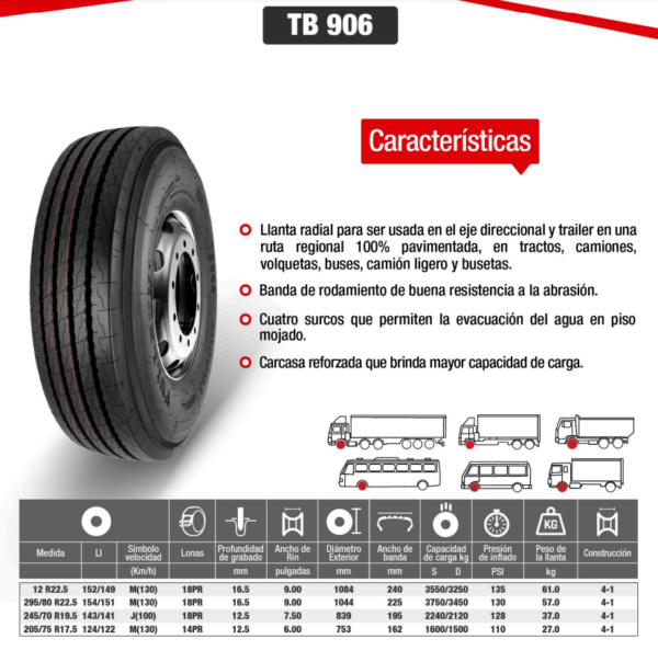 LLANTA 12 R22.5 18PR152/149M TB906 DIR FULLRUN - Image 2