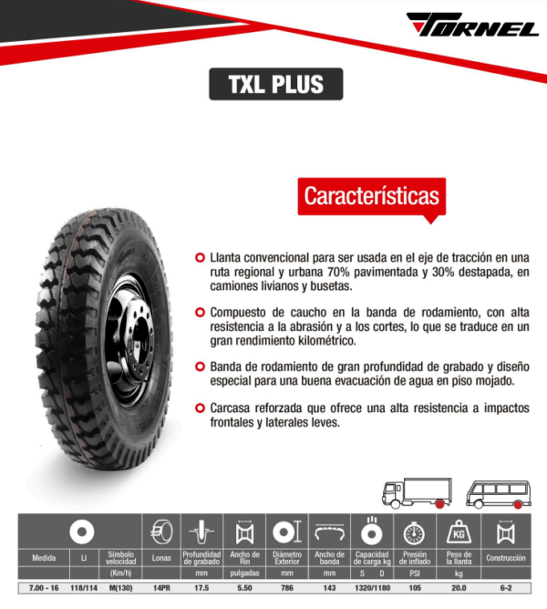 LLANTA 700 - 16 14PR118/114M TXL PLUS TRAC TORNEL - Image 2
