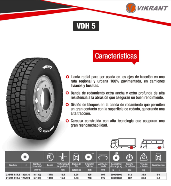 LLANTA 235/75 R17.5 14PR132/130M VDH5 TRAC VIKRANT - Image 2