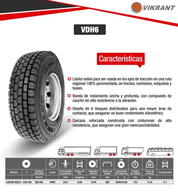 LLANTA 295/80 R22.5 16PR152/148M VDH6 TRACC VIKRANT - Image 2