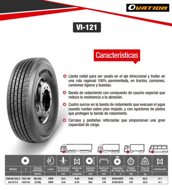 LLANTA 9.5 R17.5 16PR143/141 J VI-121 DIR OVATION - Image 2