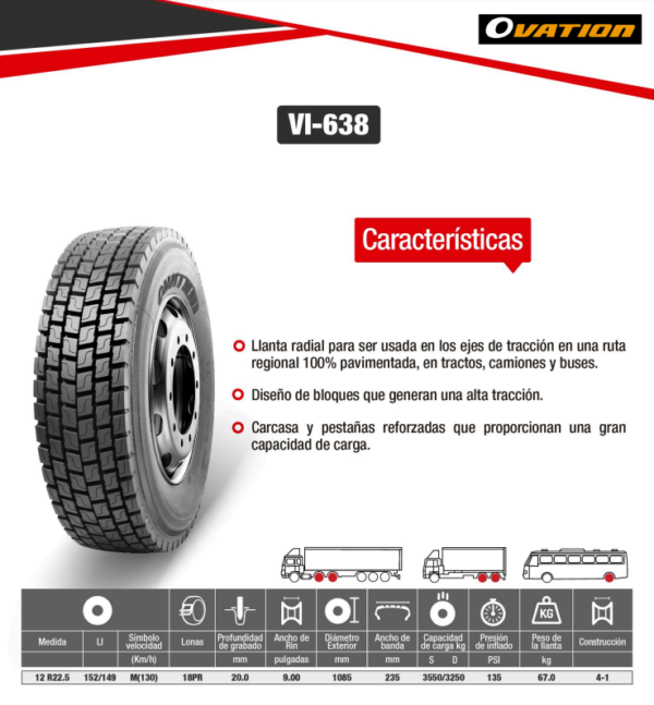 LLANTA 12 R22.5 18PR152/149 M VI-638+ TRAC OVATION - Image 2