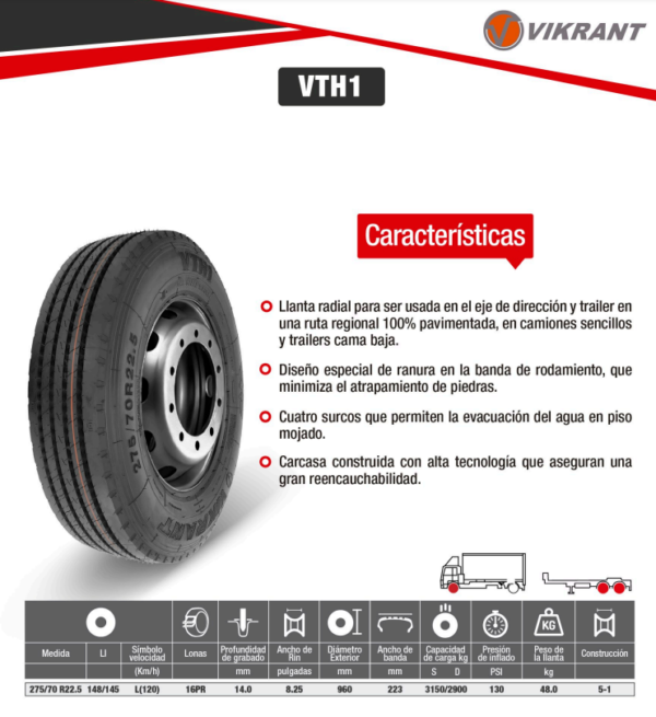 LLANTA 275/70 R22.5 16PR148/145L VTH1 VIKRANT - Image 2