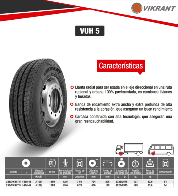 LLANTA 245/70 R17.5 18PR143/141J VUH5 DIR VIKRANT - Image 2