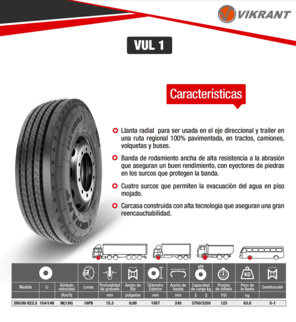 LLANTA 295/80 R22.5 16PR154/149M VUL1 DIR VIKRANT - Image 2