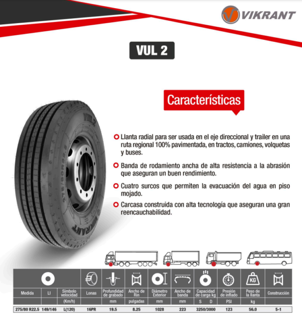 LLANTA 275/80 R22.5 16PR149/146L VUL2 VIKRANT - Image 2