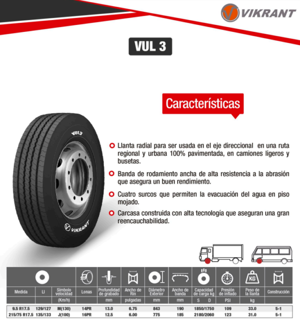 LLANTA 9.5 R17.5 14PR129/127M VUL3 DIR VIKRANT - Image 2