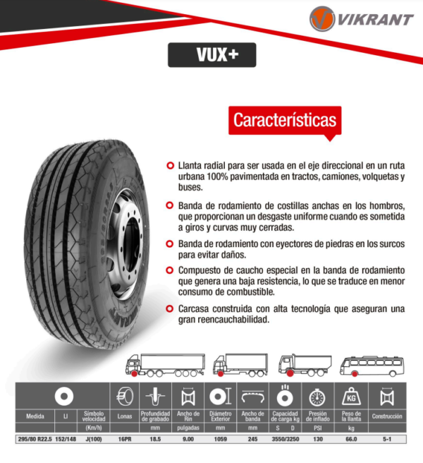 LLANTA 295/80 R22.5 16PR152/148J VUX+ DIR VIKRANT - Image 2