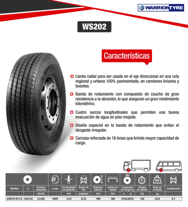 LLANTA 235/75 R17.5 18PR143/141L WS202 DIR WARRIOR - Image 2