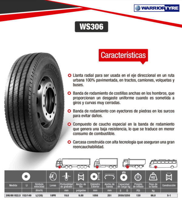 LLANTA 295/80 R22.5 18PR152/149L WS306 DIR WARRIOR - Image 2
