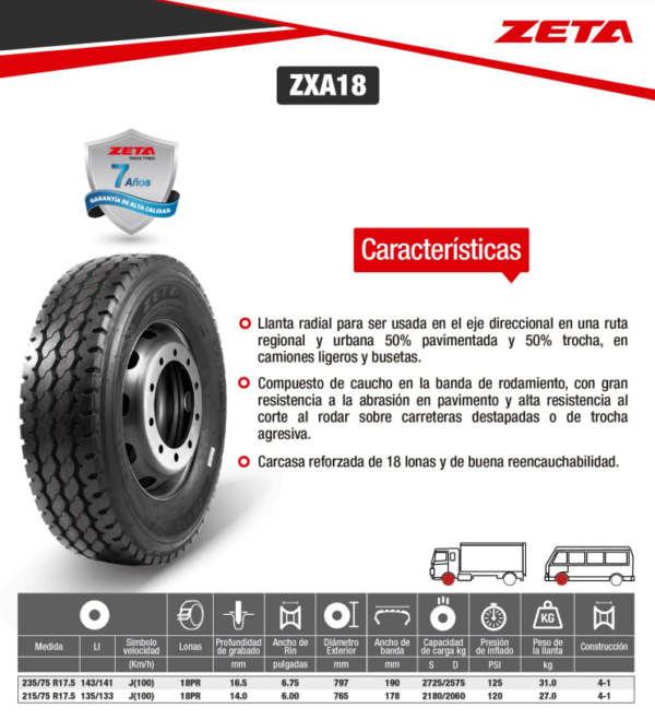 LLANTA 235/75 R17.5 18 PR143/141J ZXA18 DIR MIX ZETA - Image 2